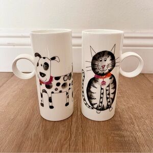 2 PCs Crown Trent China Limited Fine Bone‎ China Cute Dog & Cat Tall Coffee Mugs